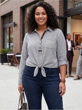 Striped Black & White Tie-Front Blouse